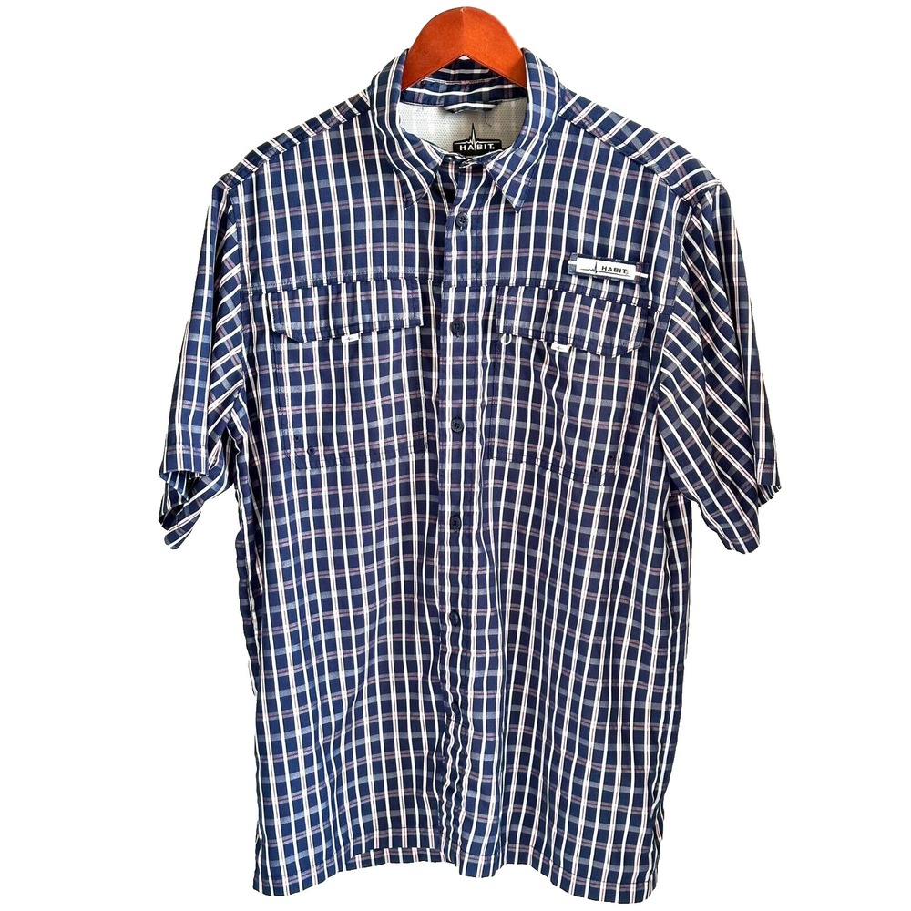 HABIT Fish Finder Peacoat Blue Plaid Short Sleeve Button Down Shirt Men's Medium
